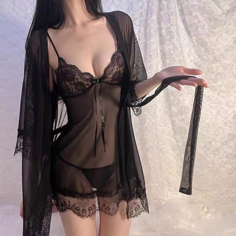 Plus Size Sexy Lace Lingerie 3 Piece Set Sheer Mesh Night Dress With Robe Belt & Panties Women Romantic Boudoir Sleepwear