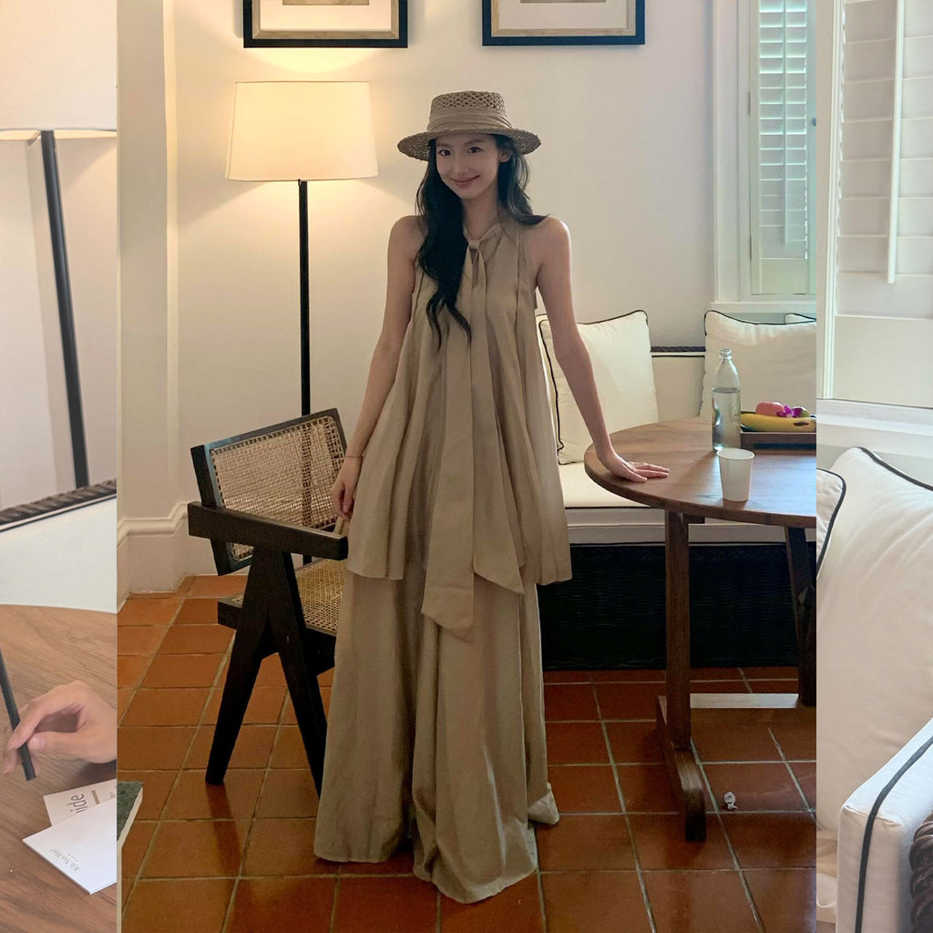 Elegance in Motion: Beige Silk-Feel Halter Top & Wide-Leg Pants Set