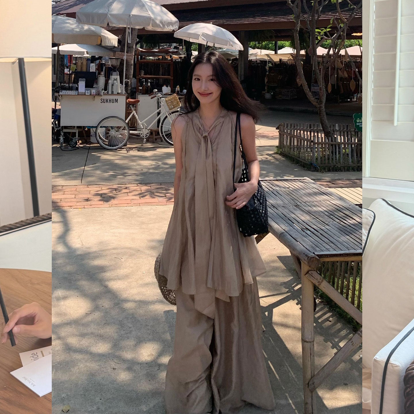Elegance in Motion: Beige Silk-Feel Halter Top & Wide-Leg Pants Set