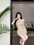 Fuchsia Pink Ruched Bodycon Dress: One-Shoulder Off-the-Shoulder Party Mini Dress
