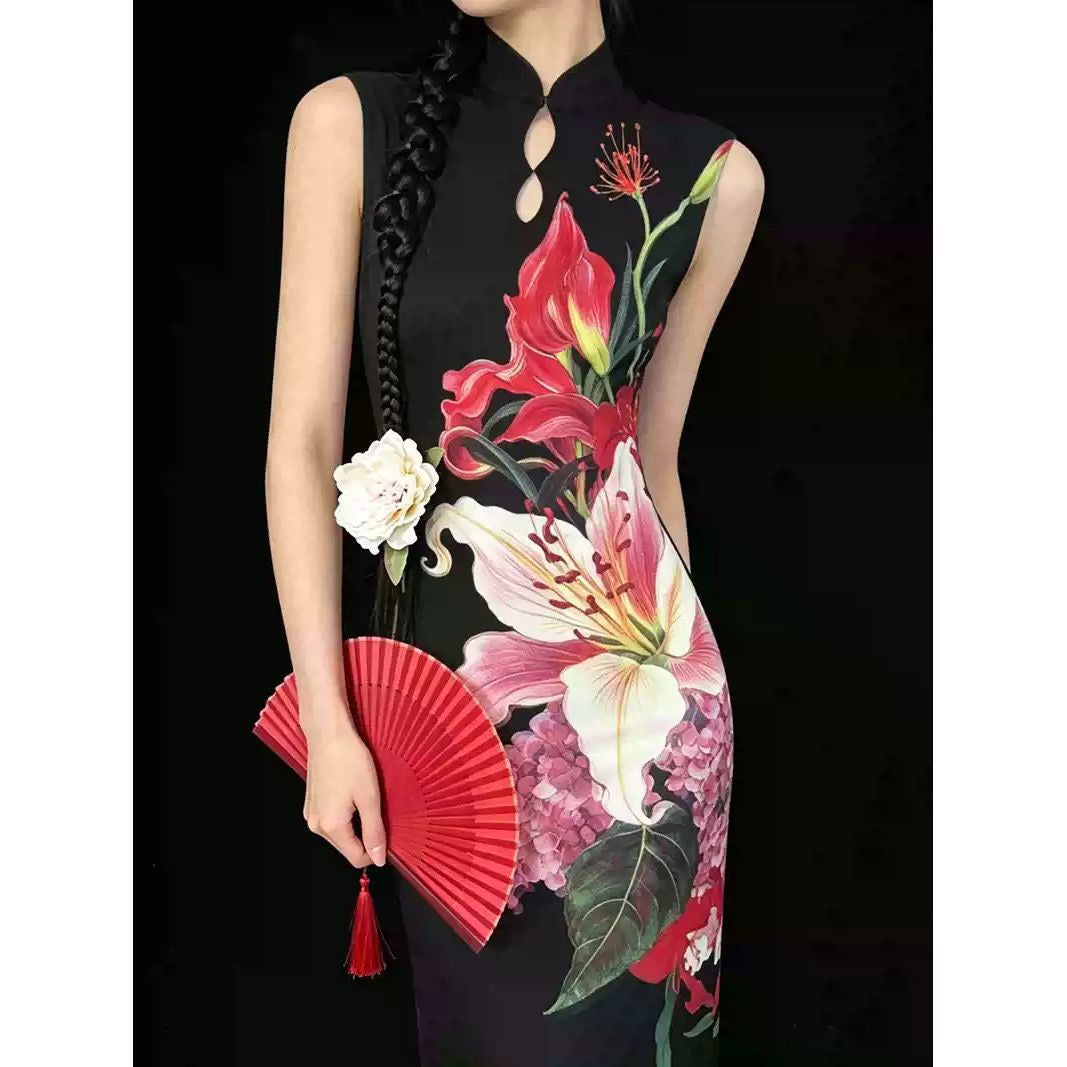 Modern Chinese Qipao Dress - Elegant Floral Print Cheongsam for Women