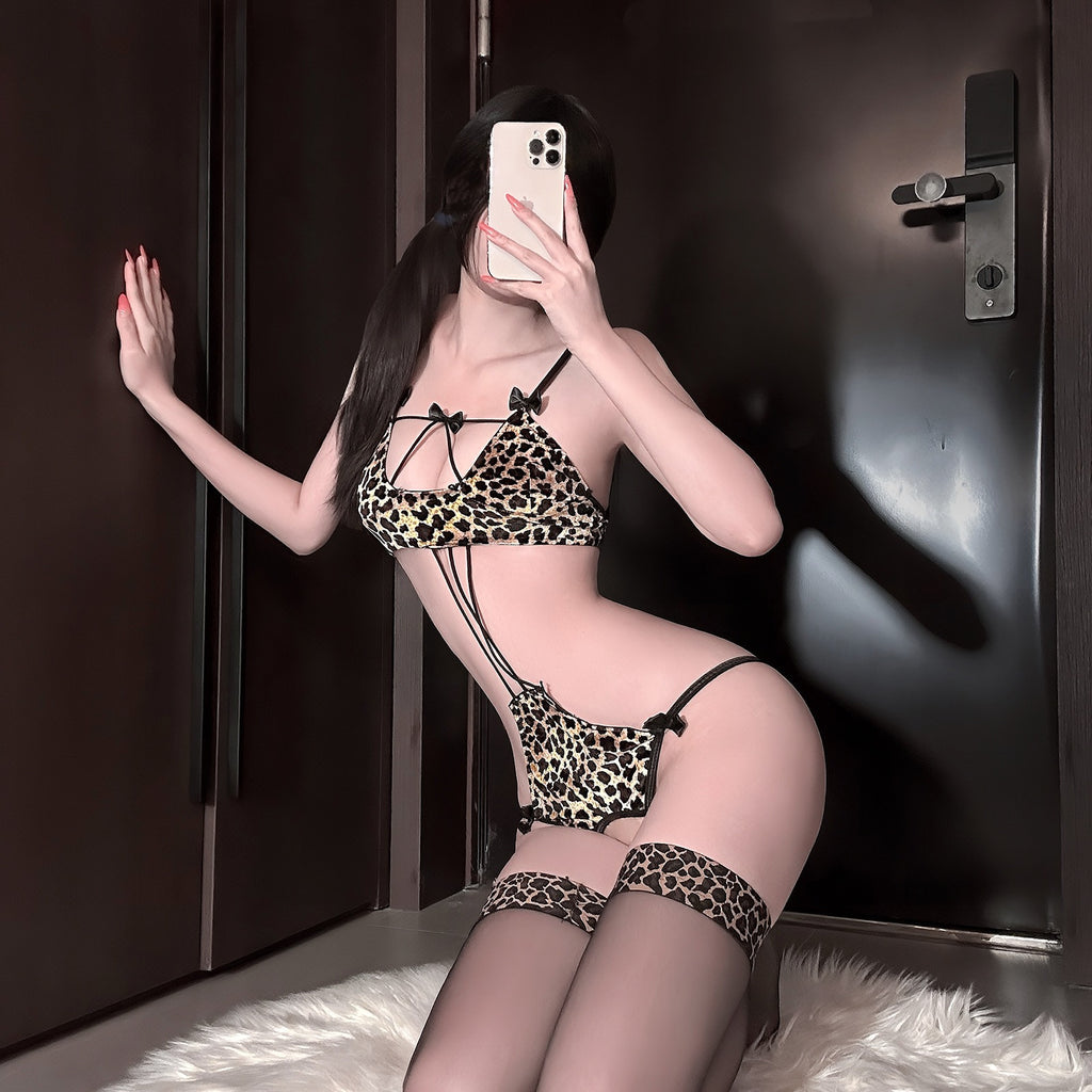 Wild Leopard Hollow Out Strappy Bodysuit Lingerie Set, Premium Elastic Nightwear for Women