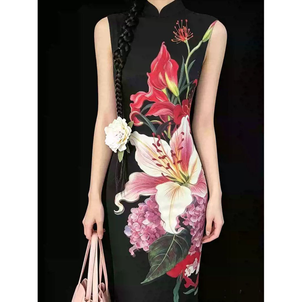 Modern Chinese Qipao Dress - Elegant Floral Print Cheongsam for Women