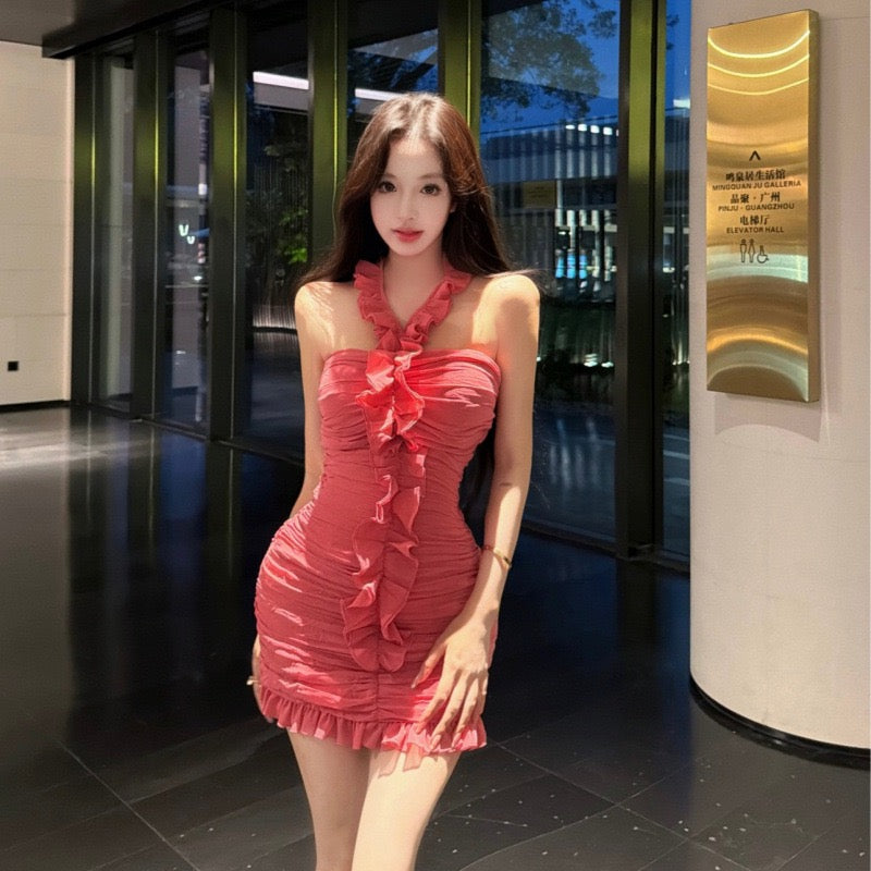 Sultry Ruched Mesh Bodycon Mini Dress – Elegant V-Neck Silhouette