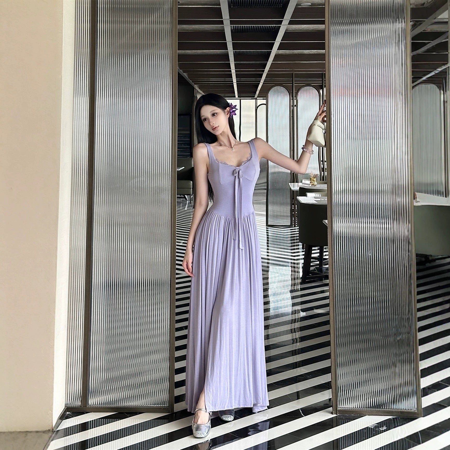 French Romantic Lace Knit Cami Maxi Dress - Mist & Cloud Edition